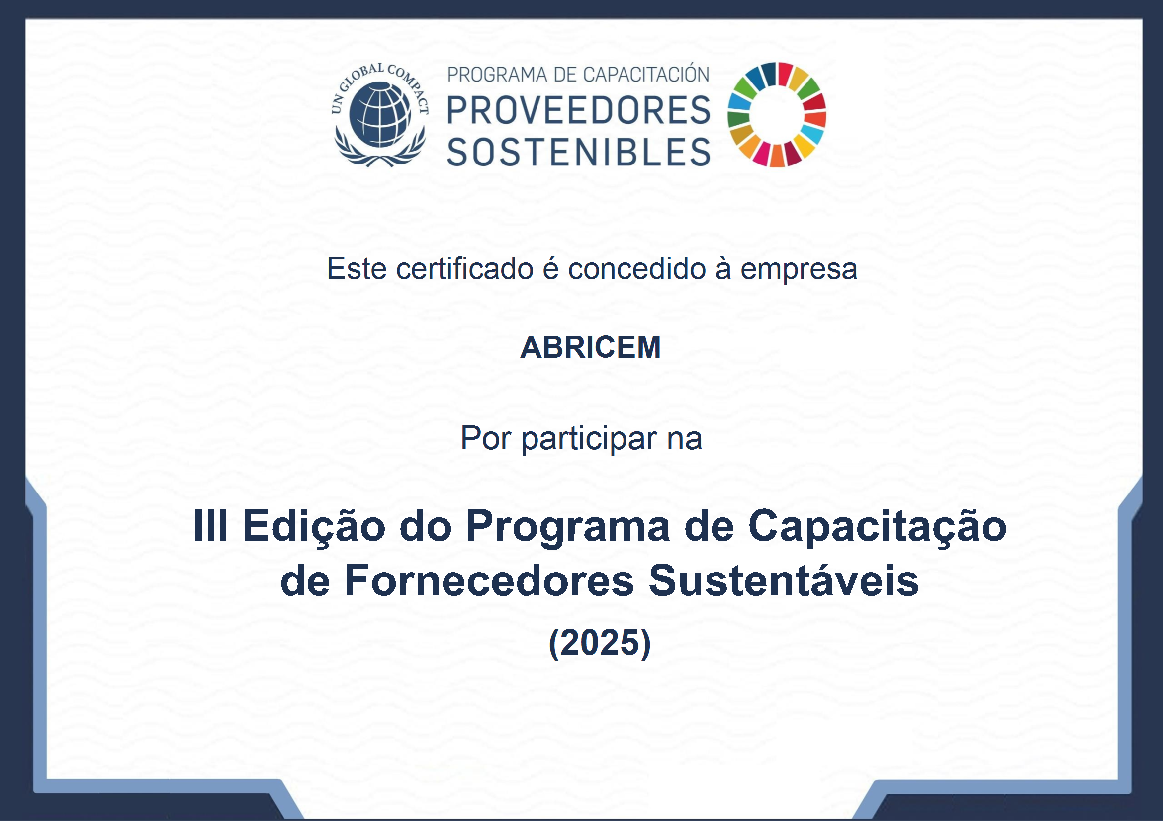 Certificado ABRICEM - Programa de Capacitação de Fornecedores Sustentáveis UN Global Compact 2025